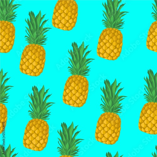 Pineapple on blue seamless pattern. Vector background. Wrapping paper design template.