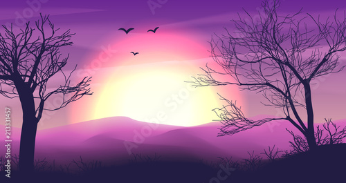 Safari cartoon background, desert savanna panorama and landscape with trees, hills, dunes and moon. Safary layered panoramic background, savannah dune landscape, African dune night time design in pink © kirasolly