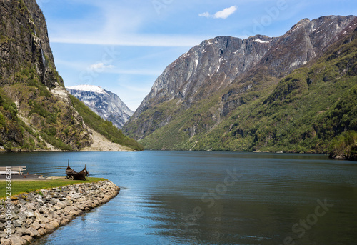 Viking drakkar in a fjord in Norway photo