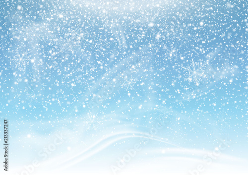 Falling snow on a blue background. Snowstorm and snowflakes. Background for winter holidays. Illustration © yayasya