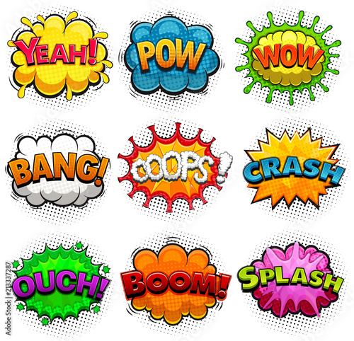 Multicolored comic speech bubbles sound effects. Illustration
