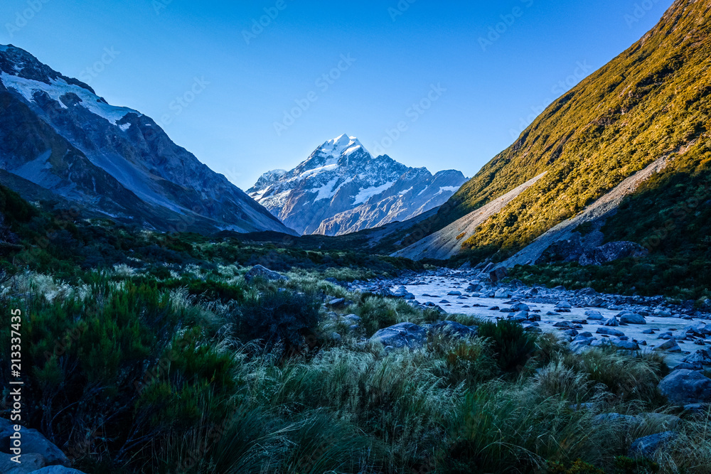 Glacial river at sunset, Mount Cook, New Zealand
