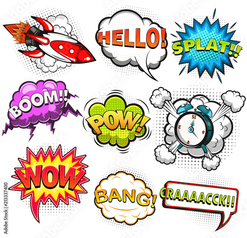 Comic speech bubbles. Rocket. Alarm clock. Sound effects. Illustration