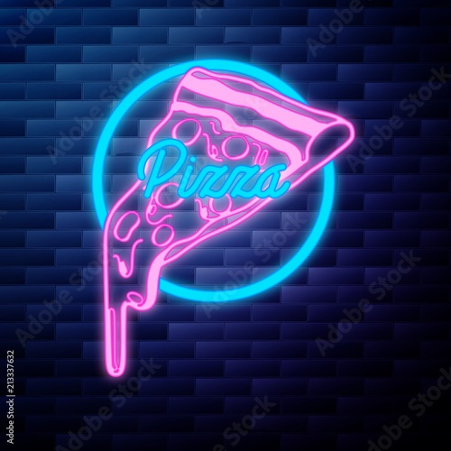 Vintage pizza emblem glowing neon