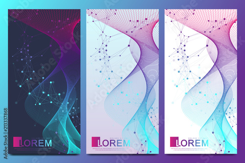 Modern set of vector flyers, web, banner, card, certificate, gift, voucher. Scientific or medical pattern design. Wave flow. Connected line with dots.