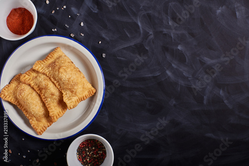 Brazilian food pastel. Homemade. Copyspace.