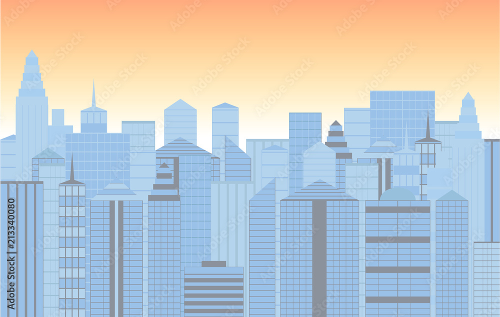 Big city with skyscrapers and a sunrise or sunset sky. Vector illustration