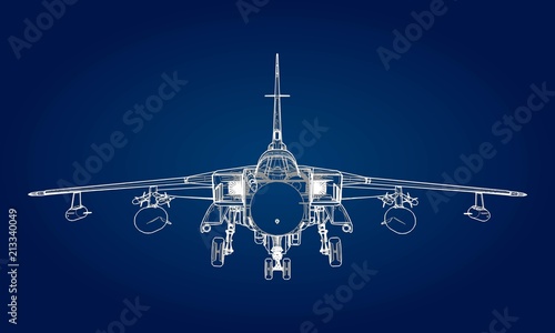 Military jet fighter silhouettes. Image of aircraft in contour drawing lines. The internal structure of the aircraft.