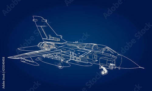 Military jet fighter silhouettes. Image of aircraft in contour drawing lines. The internal structure of the aircraft.