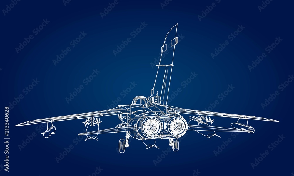 Military jet fighter silhouettes. Image of aircraft in contour drawing lines. The internal structure of the aircraft. - obrazy, fototapety, plakaty 