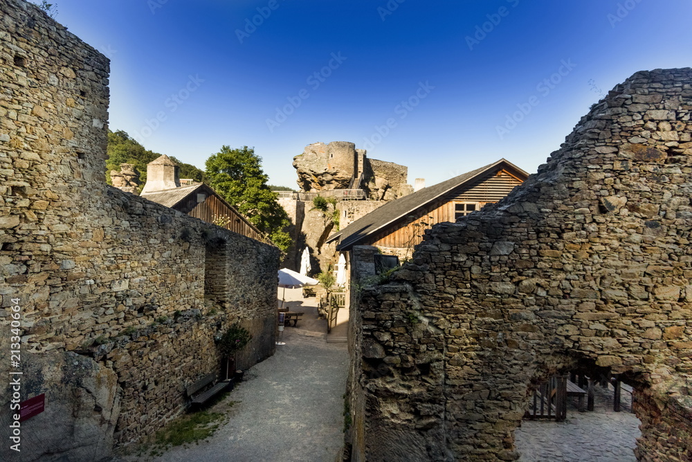 View of historic Aggstein castle ruin on the Danube river. Lower Austria.