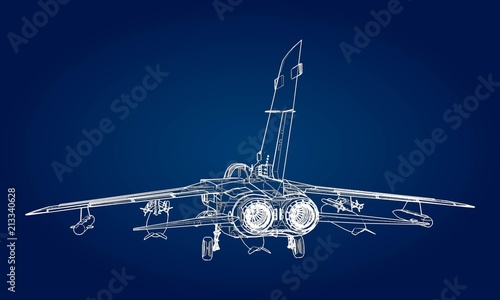 Military jet fighter silhouettes. Image of aircraft in contour drawing lines. The internal structure of the aircraft.