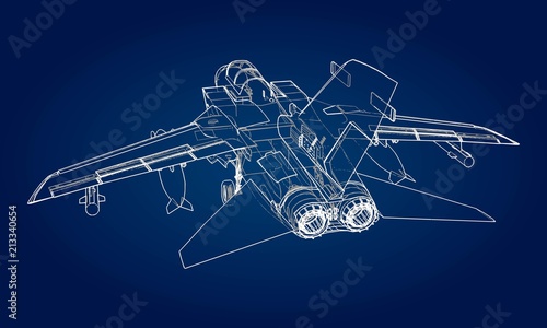 Military jet fighter silhouettes. Image of aircraft in contour drawing lines. The internal structure of the aircraft.