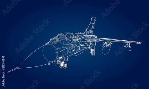 Military jet fighter silhouettes. Image of aircraft in contour drawing lines. The internal structure of the aircraft.