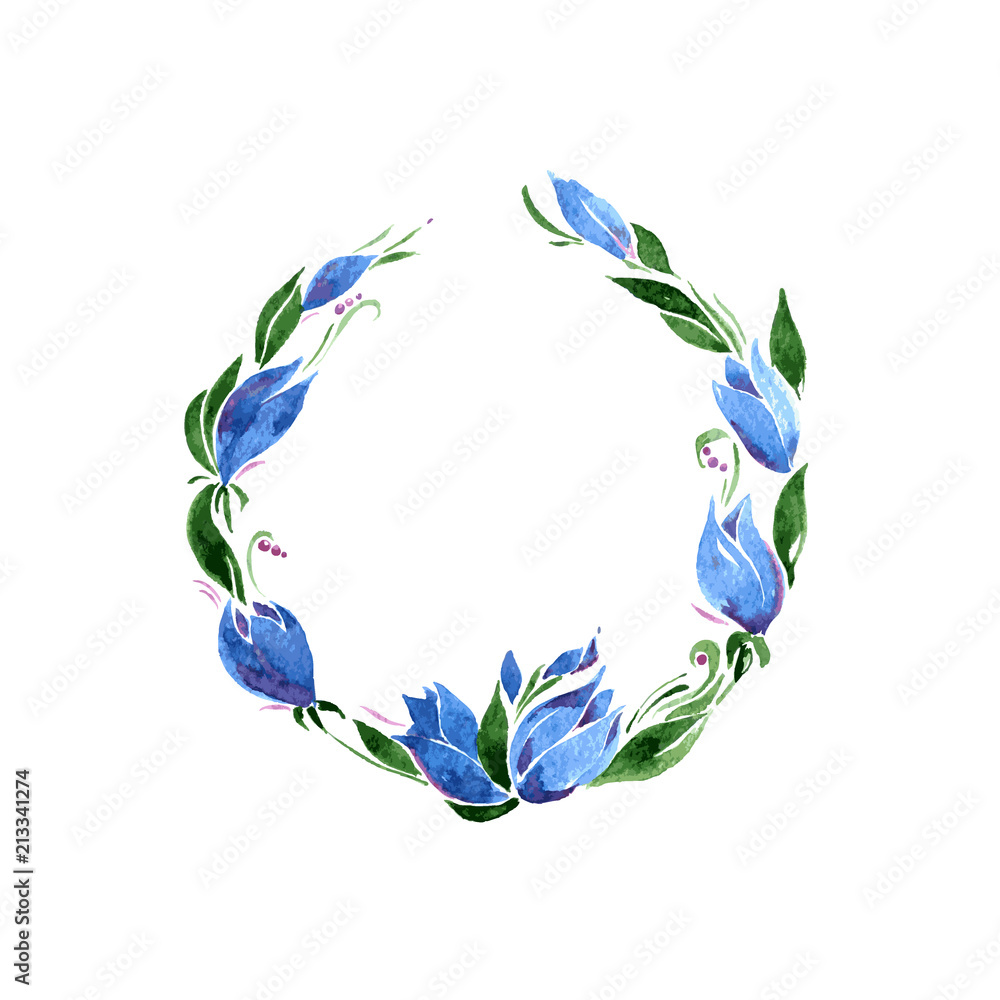 Watercolor Round frame of blue bell flowers and green leaves. Vector. Isolate.