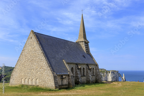 Old church on the top of the cliff in Etretat  Normandy  France.