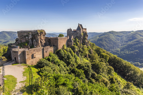 View of historic Aggstein castle ruin on the Danube river. Lower Austria.