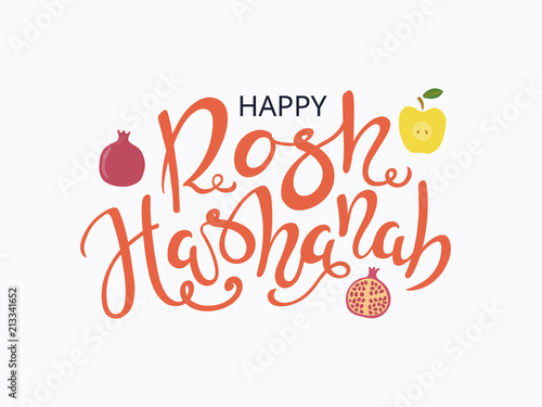 Hand written calligraphic quote Rosh Hashanah, New Year in Hebrew, with apples, pomegranates. Isolated objects. Vector illustration. Design concept for Rosh Hashanah celebration, banner, greeting card photo
