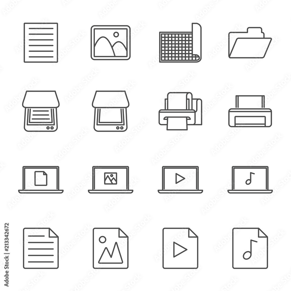 Digitization and scanning set of vector icons outline style Digitization and scanning set of vector icons outline style