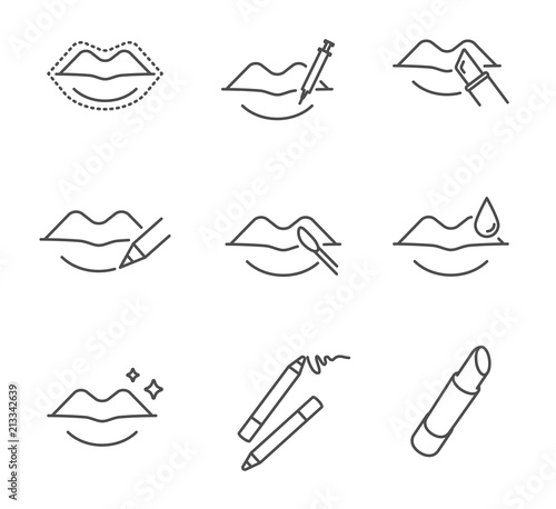 Lips makeup and cosmetology vector icons set outline style