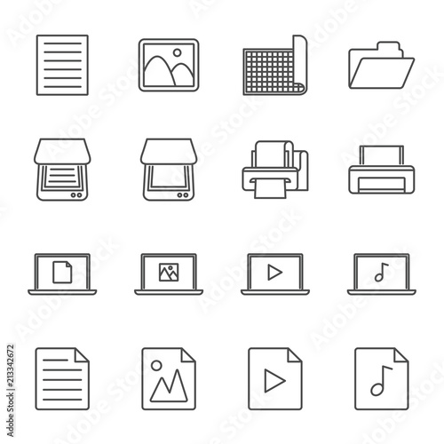 Digitization and scanning set of vector icons outline style