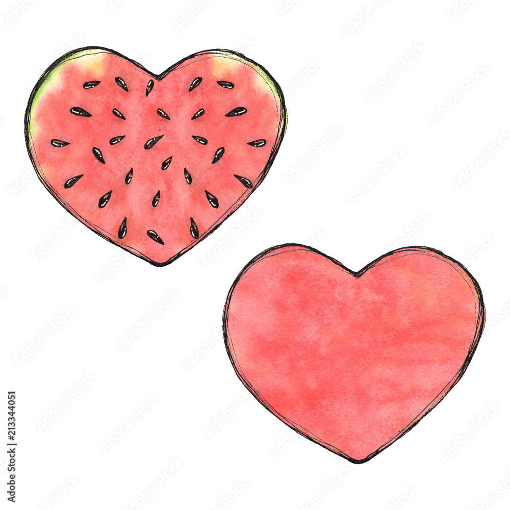 Watercolor isolated watermelon heart  illustration, organic summ