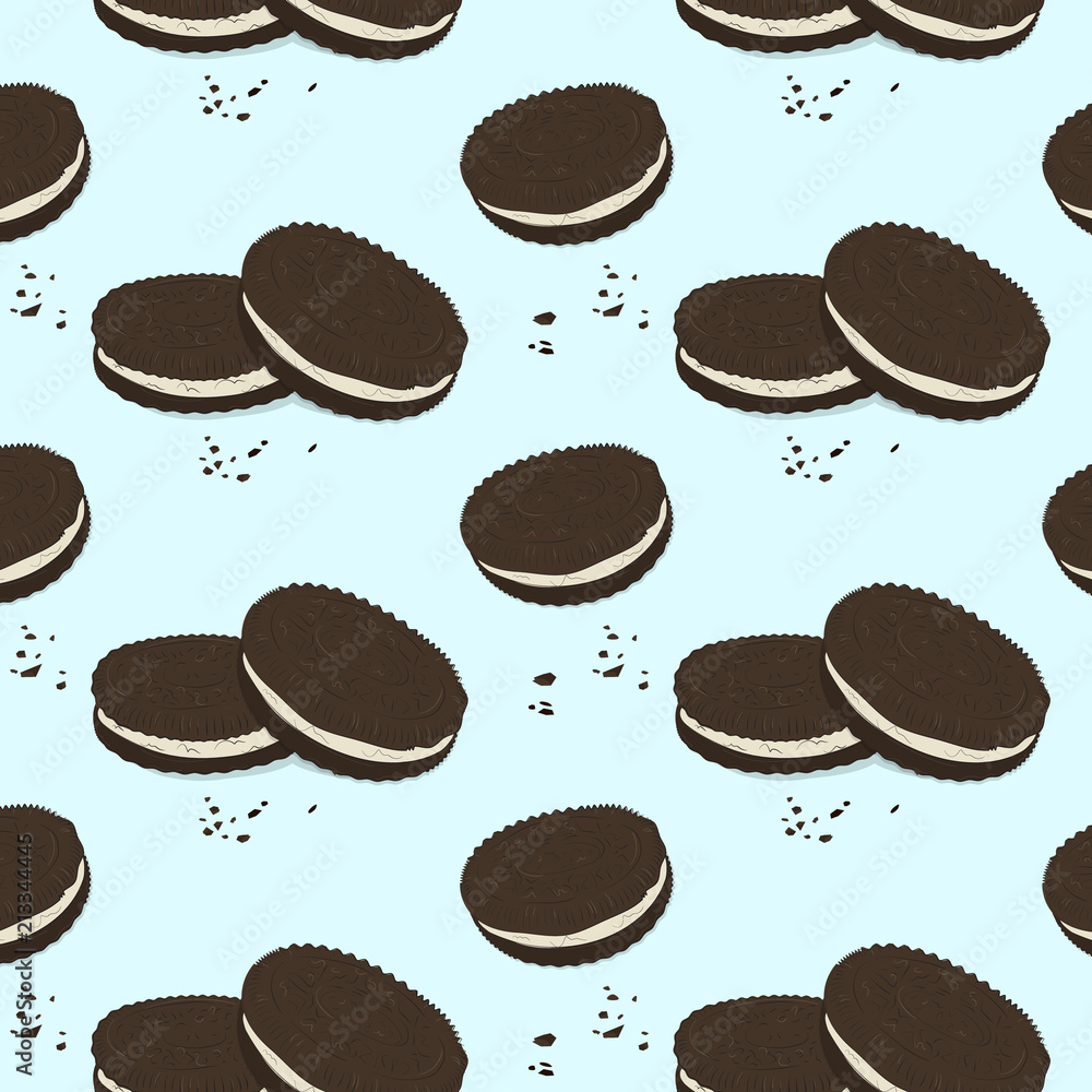 Fototapeta premium Vector chocolate sandwich cookies pattern. Cute food texture. Delicious cake breakfast print. Chip double chocolate biscuits. Baking menu decoration