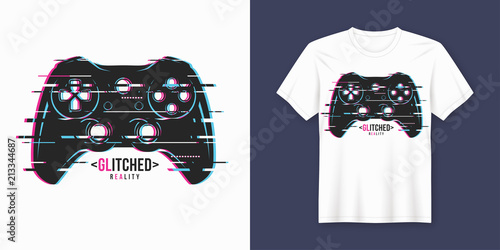 Stylish t-shirt and apparel trendy design with glitchy gamepad, 