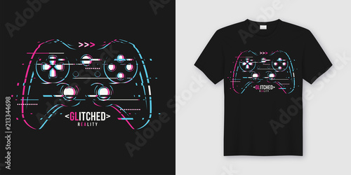Stylish t-shirt and apparel trendy design with glitchy gamepad, 