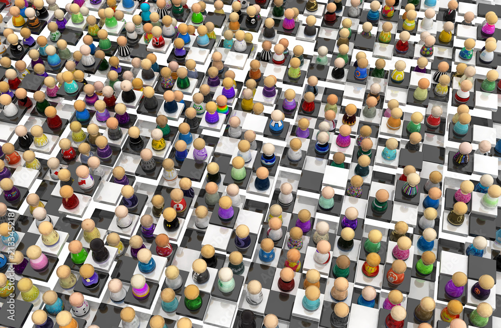 Fototapeta premium Cartoon Crowd, Chessboard Floor