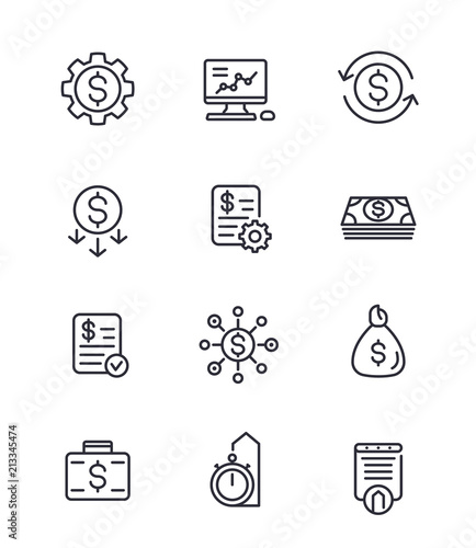 finance, investments, financial and money management, costs optimization line icons set on white