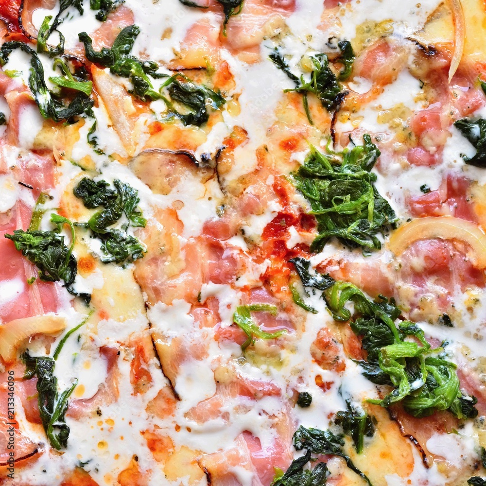 Excellent fresh pizza with cheese, bacon, cream and spinach. Tasty Fast Italian Food. Excellent fresh pizza with cheese, bacon, cream and spinach. Tasty Fast Italian Food.