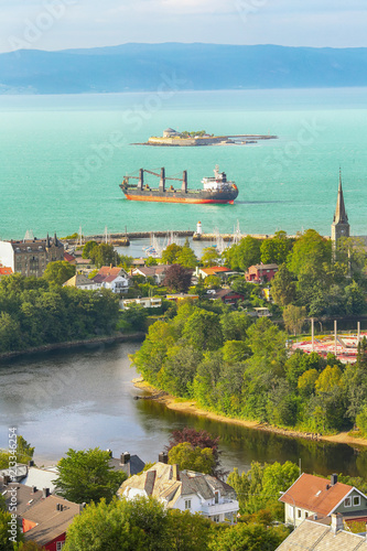aerial view of the Trondheim fjord  the river Nidelva  the island Munkholmen and church Ila in the Norwegian city Trondheim 