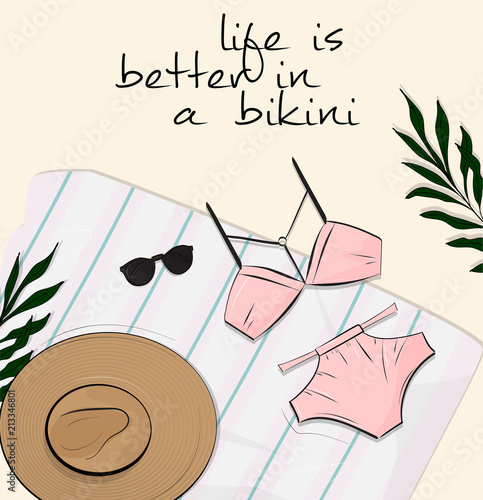 Swimwear summer flatlay. Modern outfit composition. Fashion illustration of swisuit with sunglasses, beach towel and hat. Tropical vacation banner. Travel shopping concept.