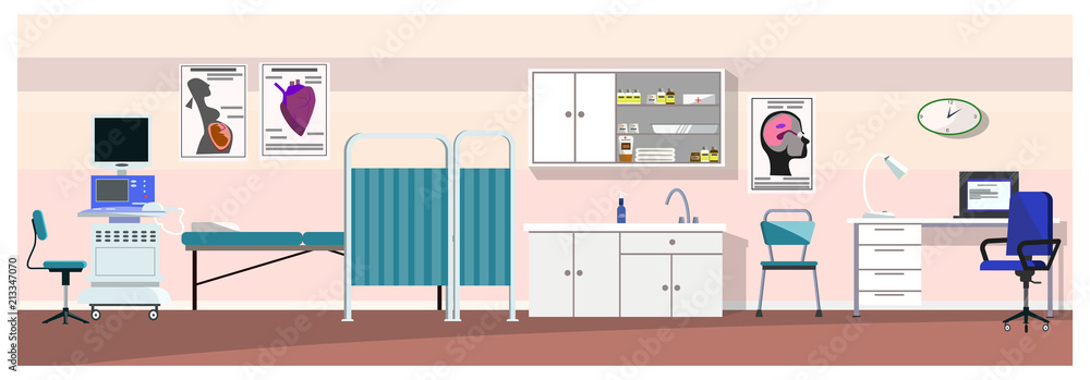 Hospital room with ultrasound scanner vector illustration. Pink wall in clinic with medical equipment. Medical examination concept