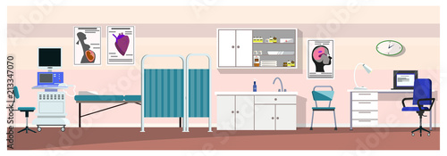 Hospital room with ultrasound scanner vector illustration. Pink wall in clinic with medical equipment. Medical examination concept