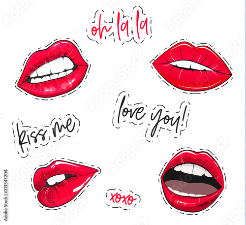 Vector lips stickers. Fashion glamour pink sexy lips labels. Beautiful set with oh la la tag, kiss me quote, xoxo text, love you sign. Woman mouth trendy elements