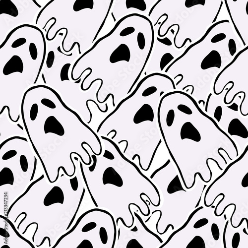 Happy Halloween holiday background. Vector seamless pattern for home decor, wallpaper, scrapbooking, wrapping, cards. Hand drawn cute ghosts.