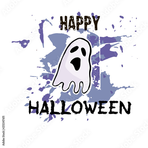 Halloween greeting card. Hand drawn cute ghost. Abstract hand painted grunge backgroung with spots and blots. Text Happy Halloween.