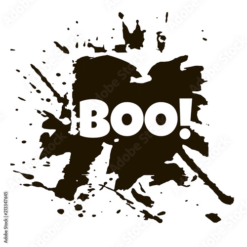 Happy Helloween grunge background. Black spot and blots on a white background and text Boo!