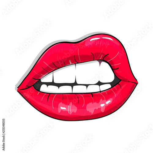Print of pink sexy lips. Glamour girl Vector illustration. Sensual fashion lipstick decoration