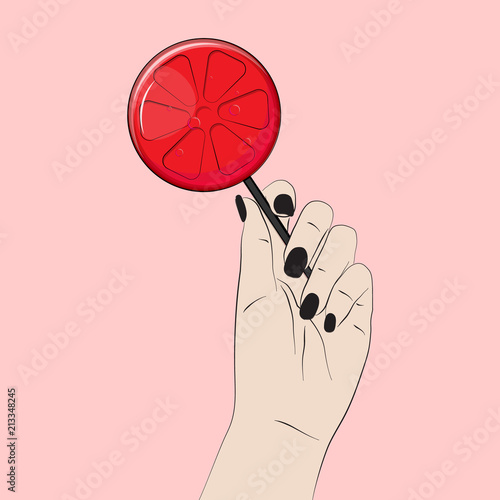 Vector sugar circle lollipop. Hand holding red sweets on stick  isolated on pink background. Human arm. Woman with lollypop concept.