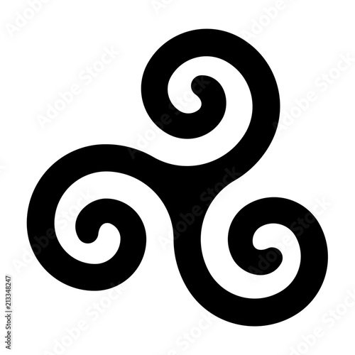 Black celtic spiral triskele on white background. Triskelion. A motif consisting of a triple spiral exhibiting rotational symmetry. Three twisted and connected spirals. Isolated illustration. Vector.