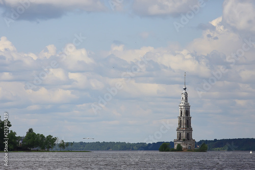 Kalyazin church / panoramic view Orthodox church on the island, russian landscape