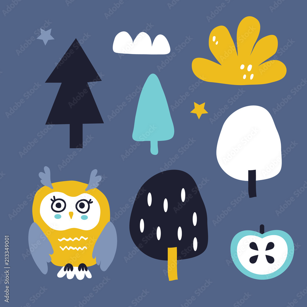 Fototapeta premium vector set of owl and forest for baby shower, fabric, textile, card and site design