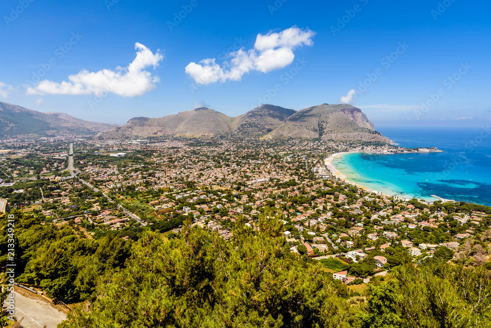 Panoramic view of the seaside resort town of Mondello in Palermo, Sicily. White beach and turquoise crystal clear sea. HD View of the gulf from the top of Monte Pellegrino.