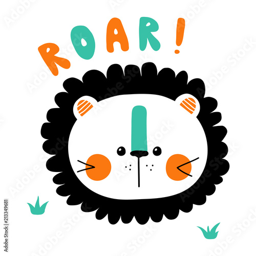 Fototapeta Naklejka Na Ścianę i Meble -  Vector illustration of baby t-shirt print with cute baby lion head and roar