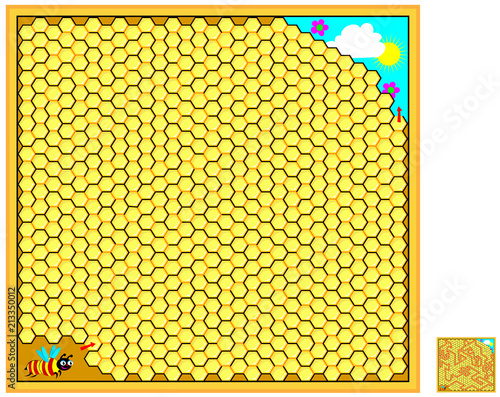 Logic puzzle game with labyrinth for children and adults. Help the bee find the way out of the hive. Vector cartoon image.
