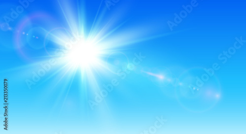 Sunny background, blue sky with sun and lens flare