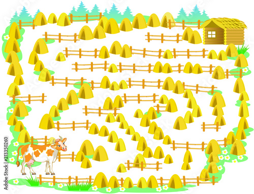 Logic puzzle game with labyrinth for children and adults. Help the cow find the way into cowshed. Vector cartoon image.